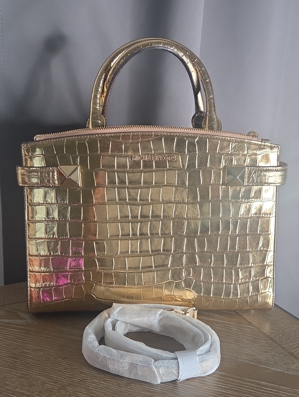 Metallic Gold Croc-Embossed Satchel Bag